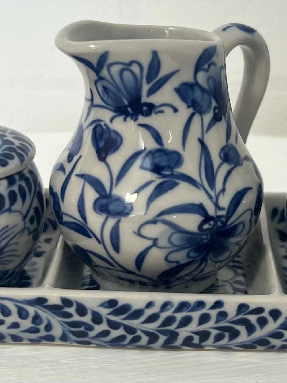 Vintage Blue White Talavera Style Floral Sugar Cream Condiment Set Tray & Spoons